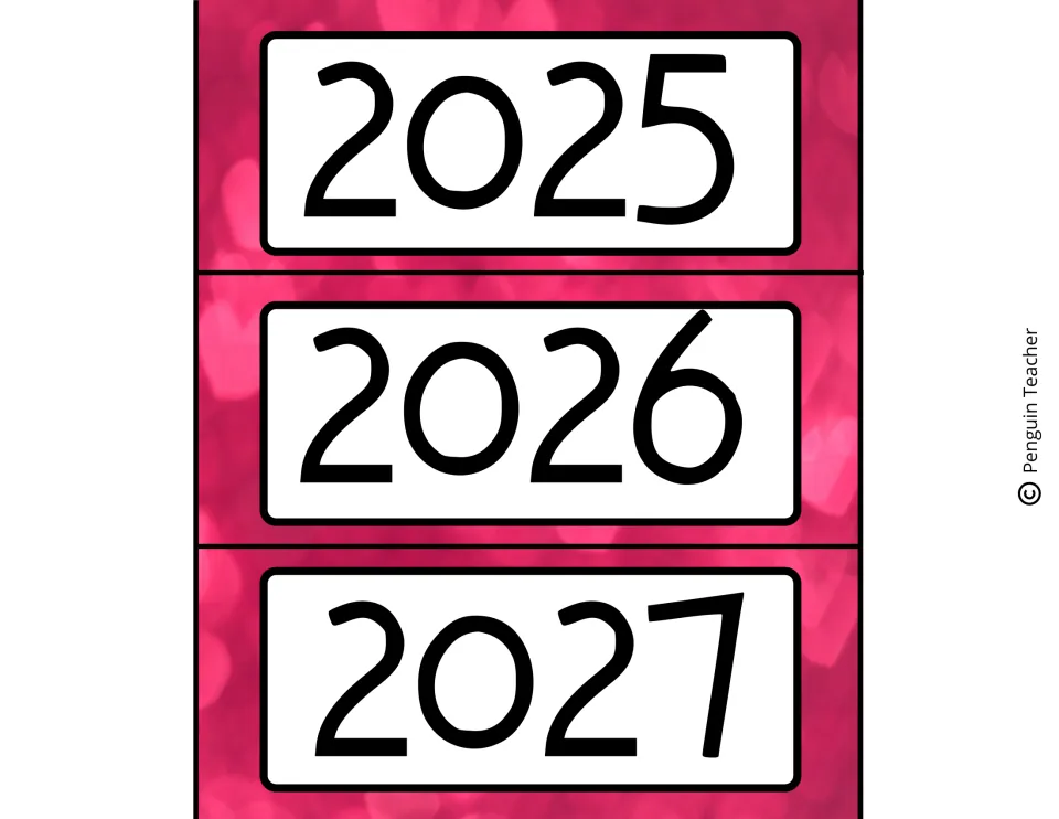 Year cards for 2025, 2026 and 2027, large black numbers set on a blurred pink background of hearts