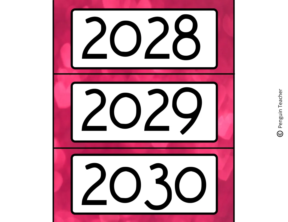 Year cards showing 2028, 2029 and 2030 printed in big black digits over a rosy heart pattern