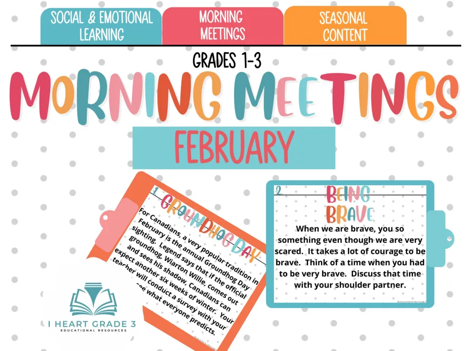February Morning Meetings cover for grades 1–3, featuring Groundhog Day and Being Brave sample prompts
