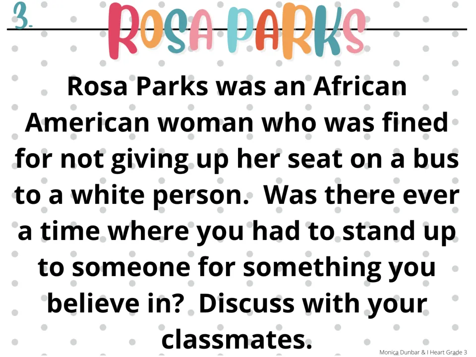 Morning meeting prompt 3: Rosa Parks introduces a class discussion about standing up for personal beliefs