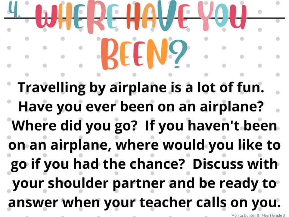 Morning meeting prompt 4: Where Have You Been? asks partners about airplane trips or desired destinations