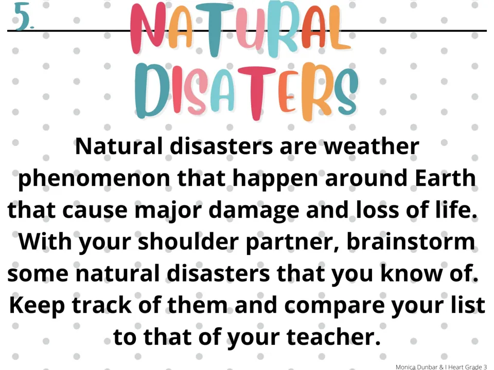 Morning meeting prompt 5: Natural Disasters asks partners to brainstorm and compare lists with their teacher