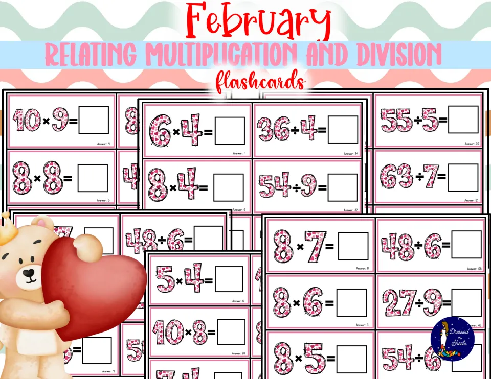February multiplication and division flashcards cover: heart-print fact cards like 10 × 9 and 55 ÷ 5 beside a teddy bear
