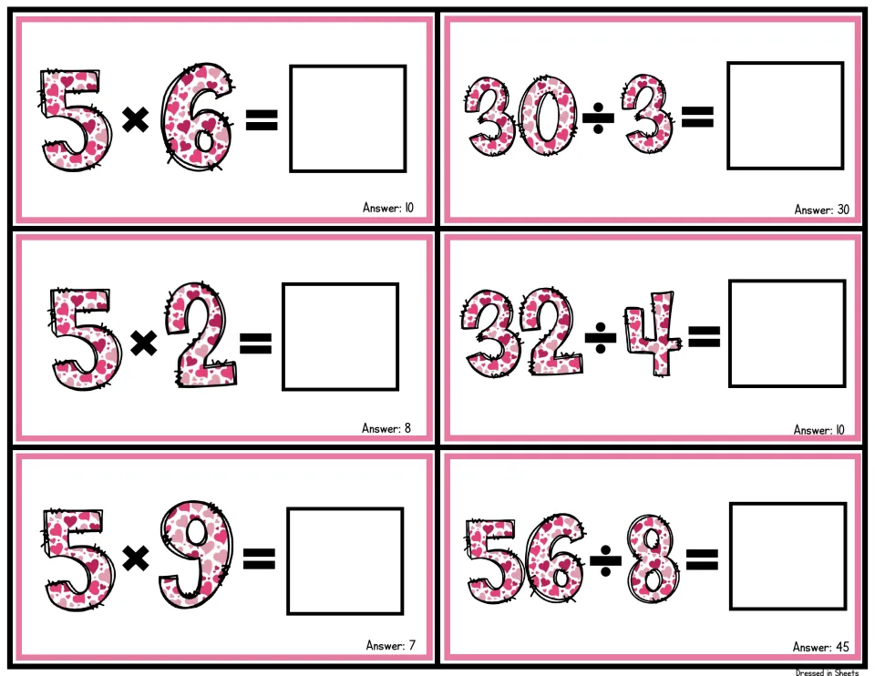 Fold-over fact cards pairing 5 × 6, 5 × 2 and 5 × 9 with 30 ÷ 3, 32 ÷ 4 and 56 ÷ 8 to relate multiplication to division