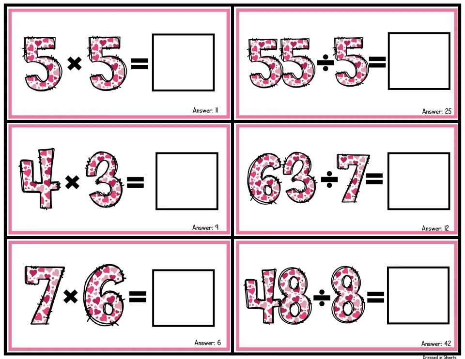 Fold-over fact cards pairing 5 × 5, 4 × 3 and 7 × 6 with 55 ÷ 5, 63 ÷ 7 and 48 ÷ 8; students fill in each answer box