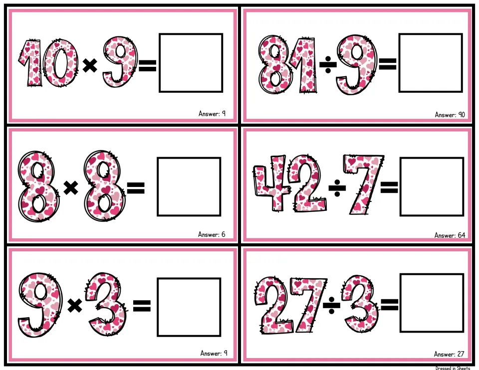 Fold-over fact cards pairing 10 × 9, 8 × 8 and 9 × 3 with 81 ÷ 9, 42 ÷ 7 and 27 ÷ 3 for multiplication and division recall