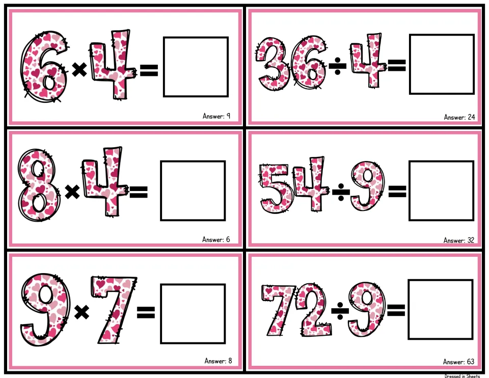 Fold-over fact cards pairing 6 × 4, 8 × 4 and 9 × 7 with 36 ÷ 4, 54 ÷ 9 and 72 ÷ 9; each card has an empty answer box