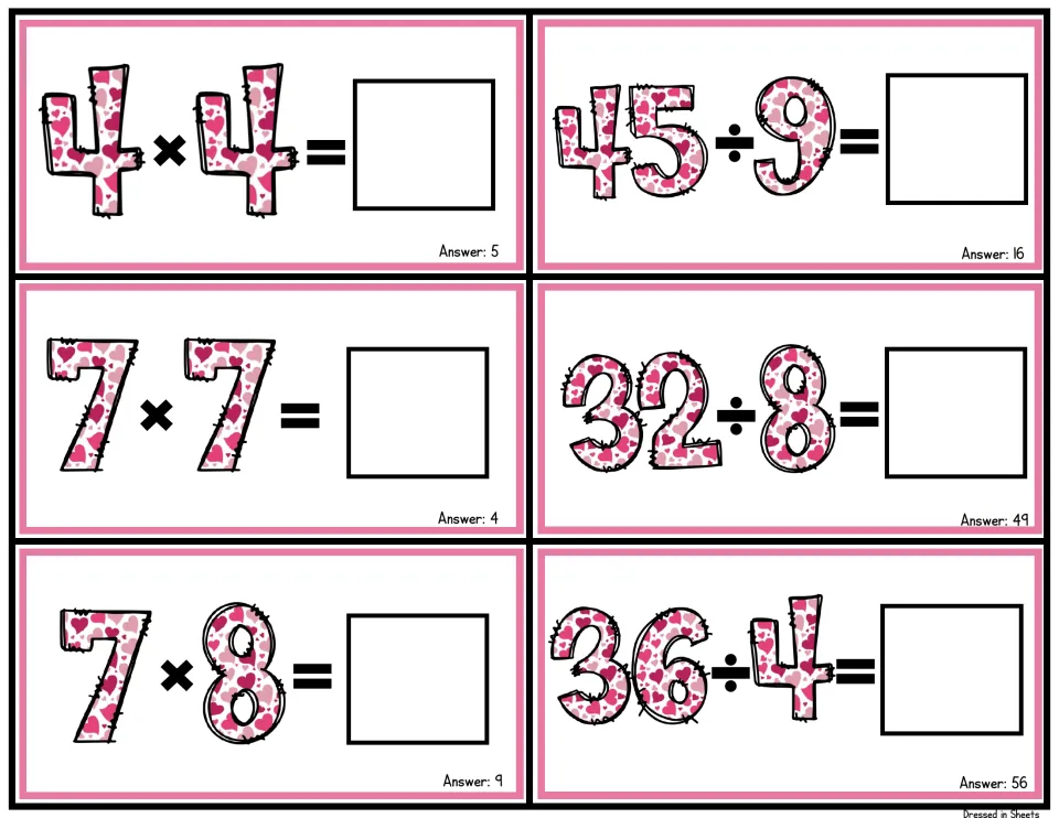 Fold-over fact cards pairing 4 × 4, 7 × 7 and 7 × 8 with 45 ÷ 9, 32 ÷ 8 and 36 ÷ 4, mixing square facts with division
