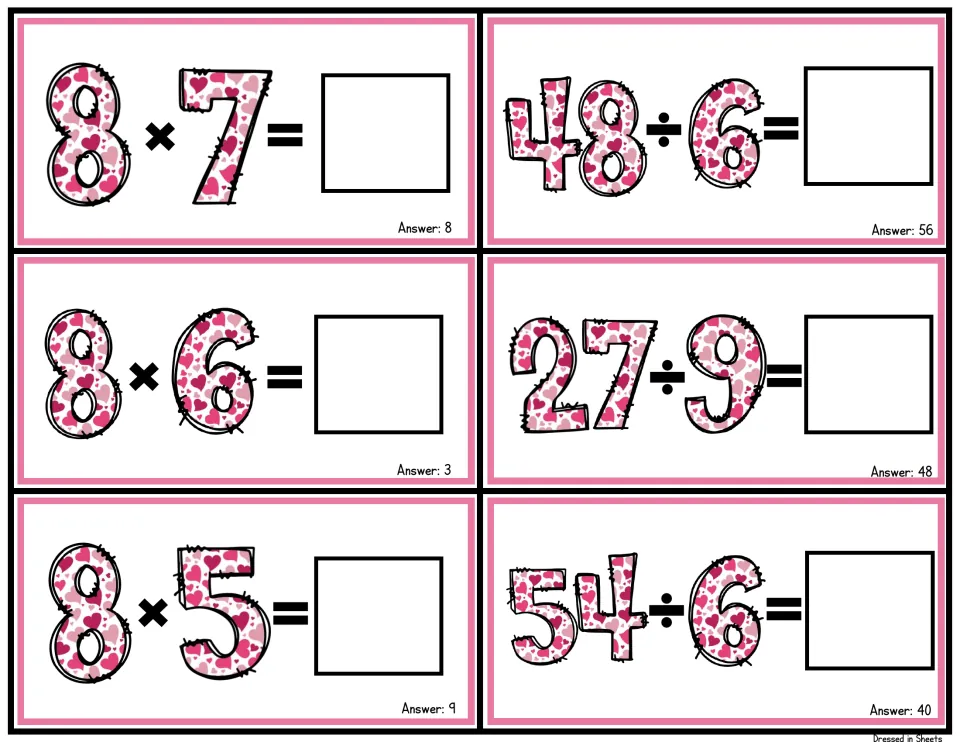 Fold-over fact cards pairing 8 × 7, 8 × 6 and 8 × 5 with 48 ÷ 6, 27 ÷ 9 and 54 ÷ 6; every multiplication uses 8