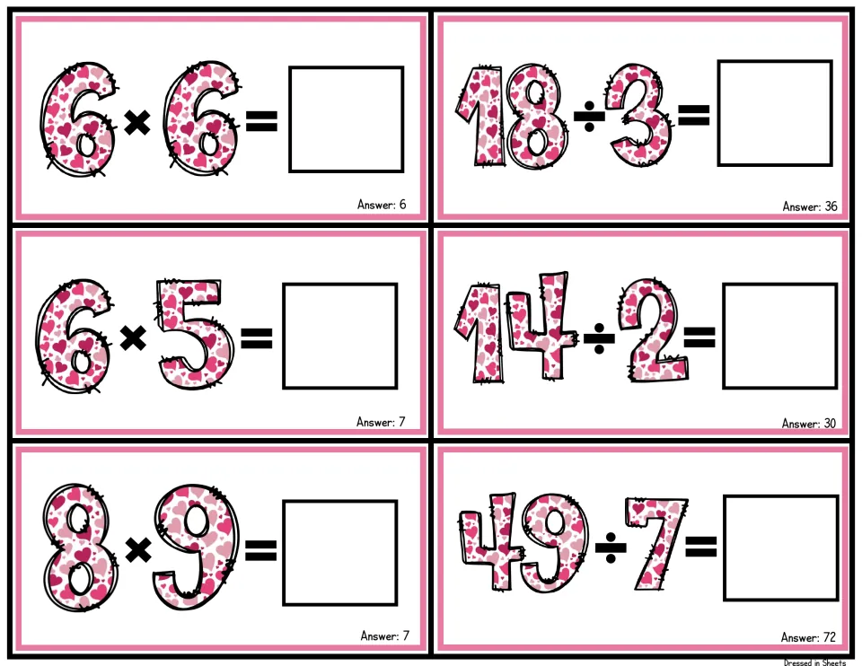 Fold-over fact cards pairing 6 × 6, 6 × 5 and 8 × 9 with 18 ÷ 3, 14 ÷ 2 and 49 ÷ 7 for mixed fact fluency practice