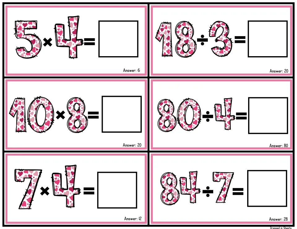 Fold-over fact cards pairing 5 × 4, 10 × 8 and 7 × 4 with 18 ÷ 3, 80 ÷ 4 and 84 ÷ 7, including two-digit quotients