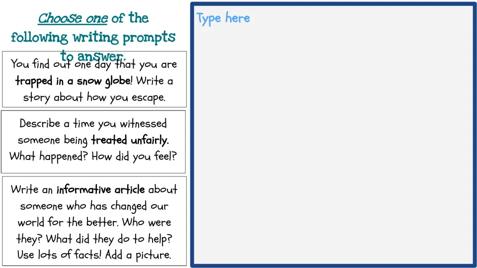 Week One writing choices: escape a snow globe, recall unfair treatment, or profile someone who helped the world
