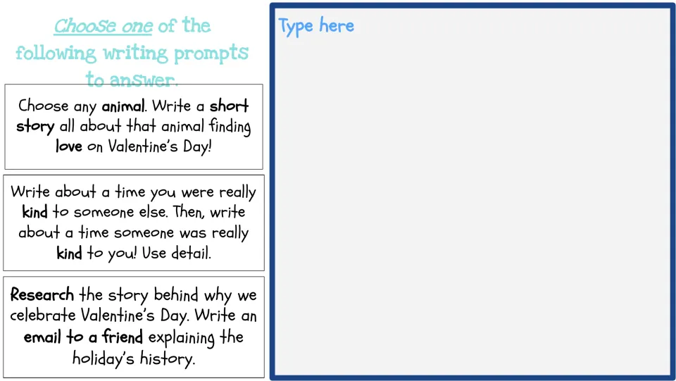 Week Two writing choices: an animal finds love, memories of kindness, or an email about Valentine's Day history