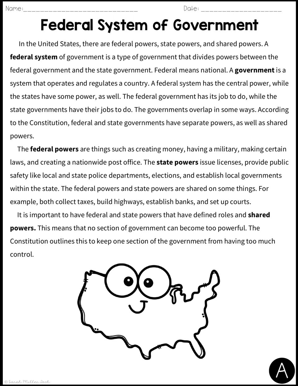 Federal System of Government passage A: students read how federal, state and shared powers divide government duties