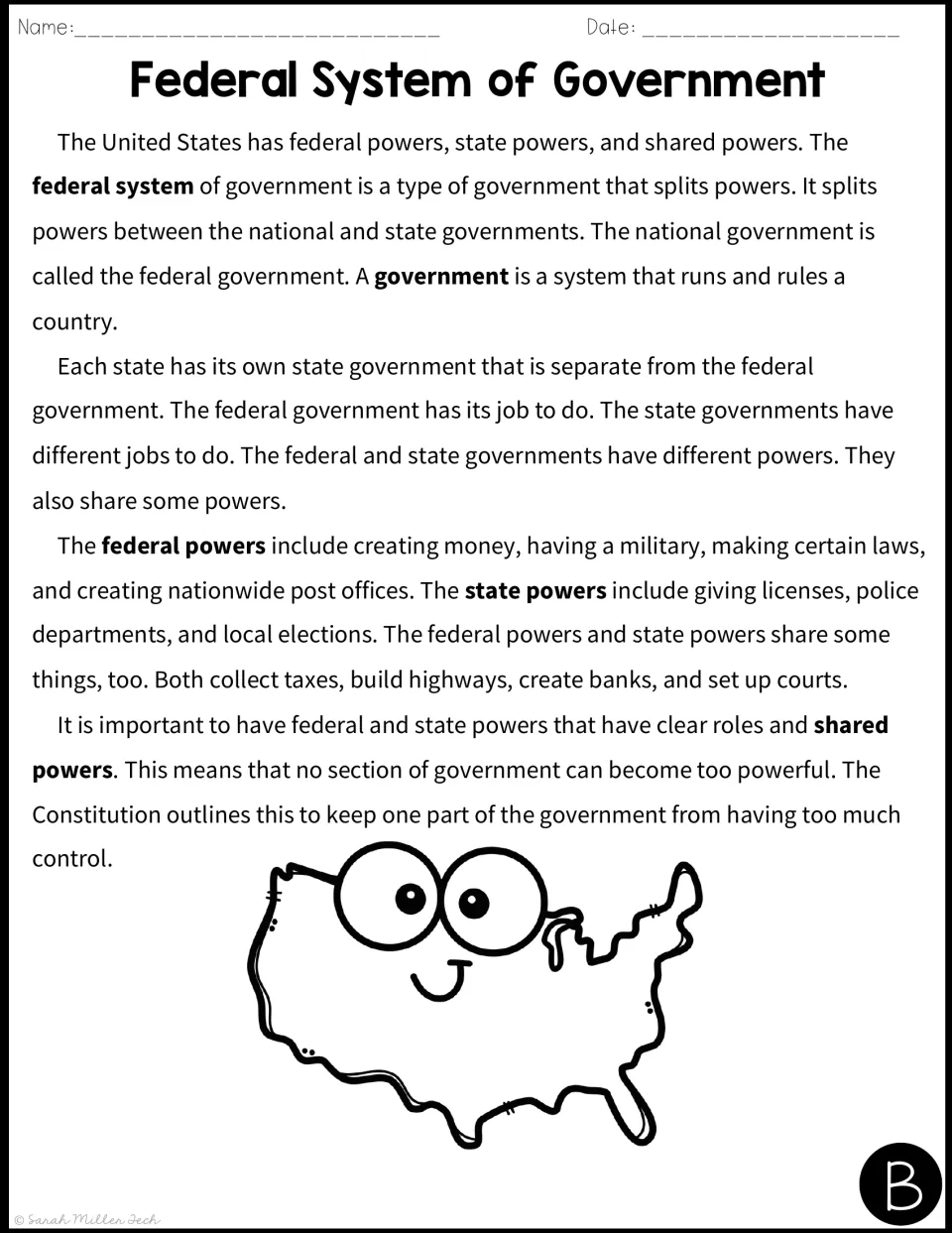 Federal System of Government passage B: students read a simpler version about federal, state and shared powers