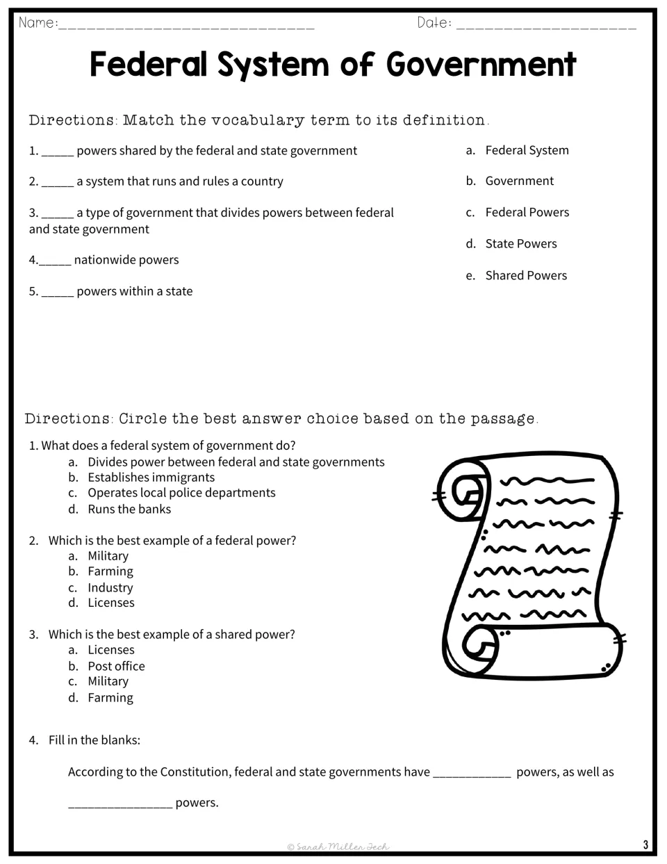 Federal system vocabulary and comprehension: match 5 terms to definitions, answer 3 multiple-choice items and fill blanks