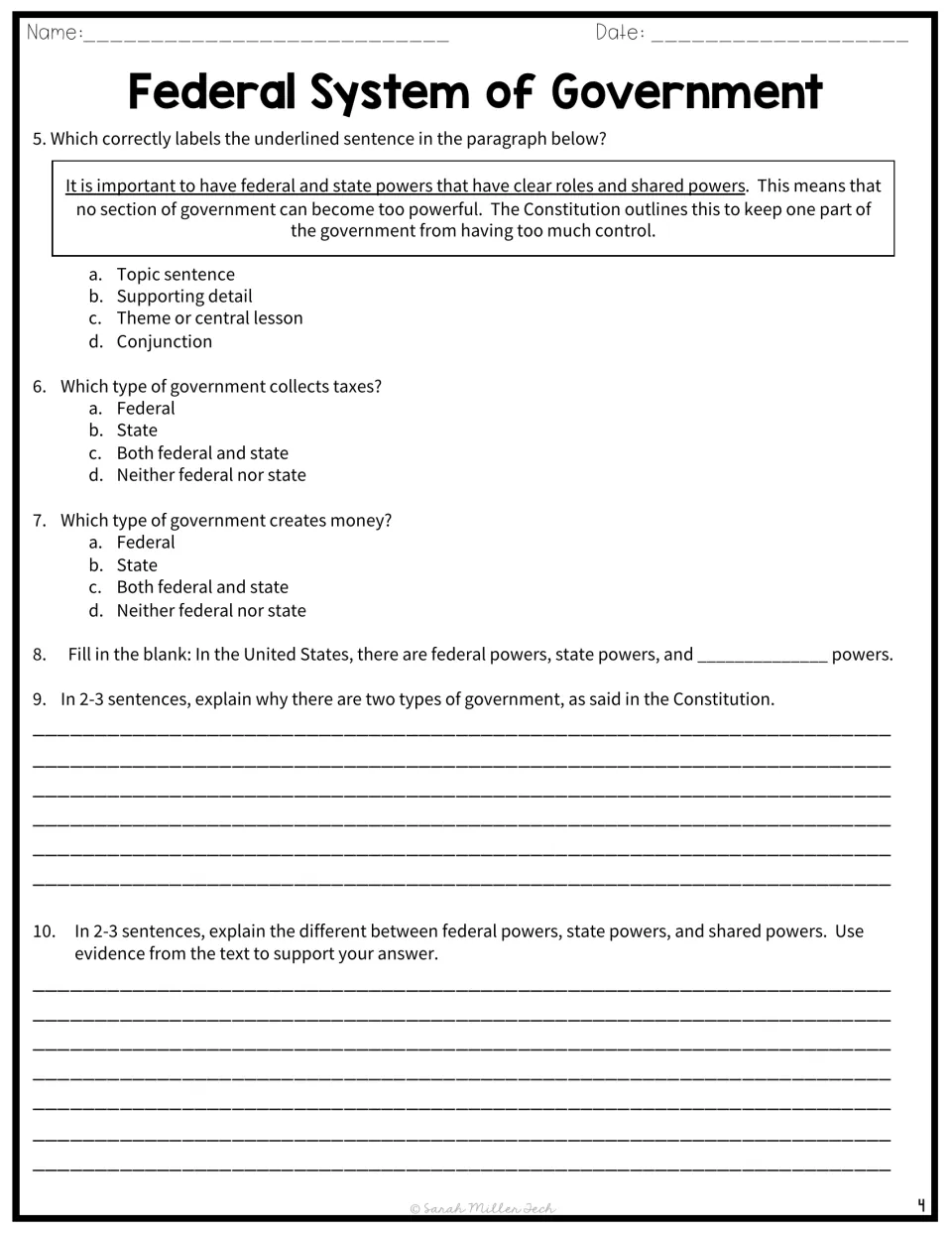 Federal and state powers questions 5-10: label an underlined sentence, choose who taxes or makes money, write short answers