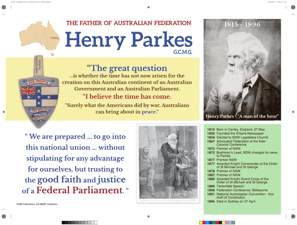 Henry Parkes poster: Father of Australian Federation quotes, portrait and a timeline of his life from 1815 to 1896