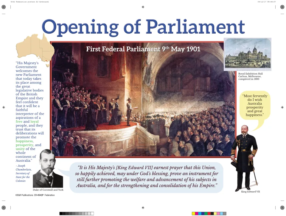 Opening of Parliament poster: the First Federal Parliament of 9 May 1901, with quotes from King Edward VII and Chamberlain