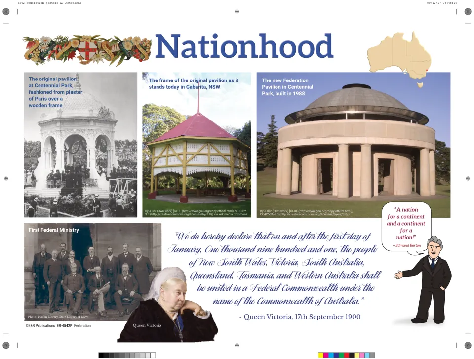 Nationhood poster: Federation Pavilion photos, the First Federal Ministry and Queen Victoria's 1900 proclamation quote