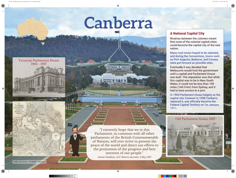 Canberra poster: why a national capital was chosen, Dalgety to Canberra, and the Victorian and Old Parliament Houses