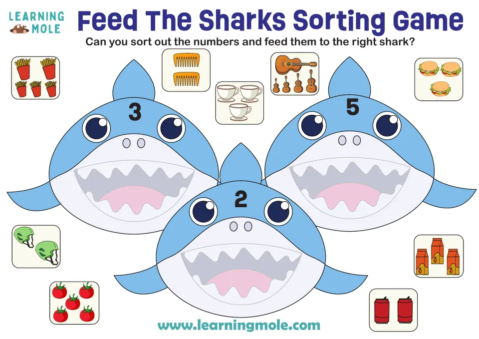 Counting to 5: students count objects on 9 picture cards and feed each card to the shark numbered 2, 3 or 5