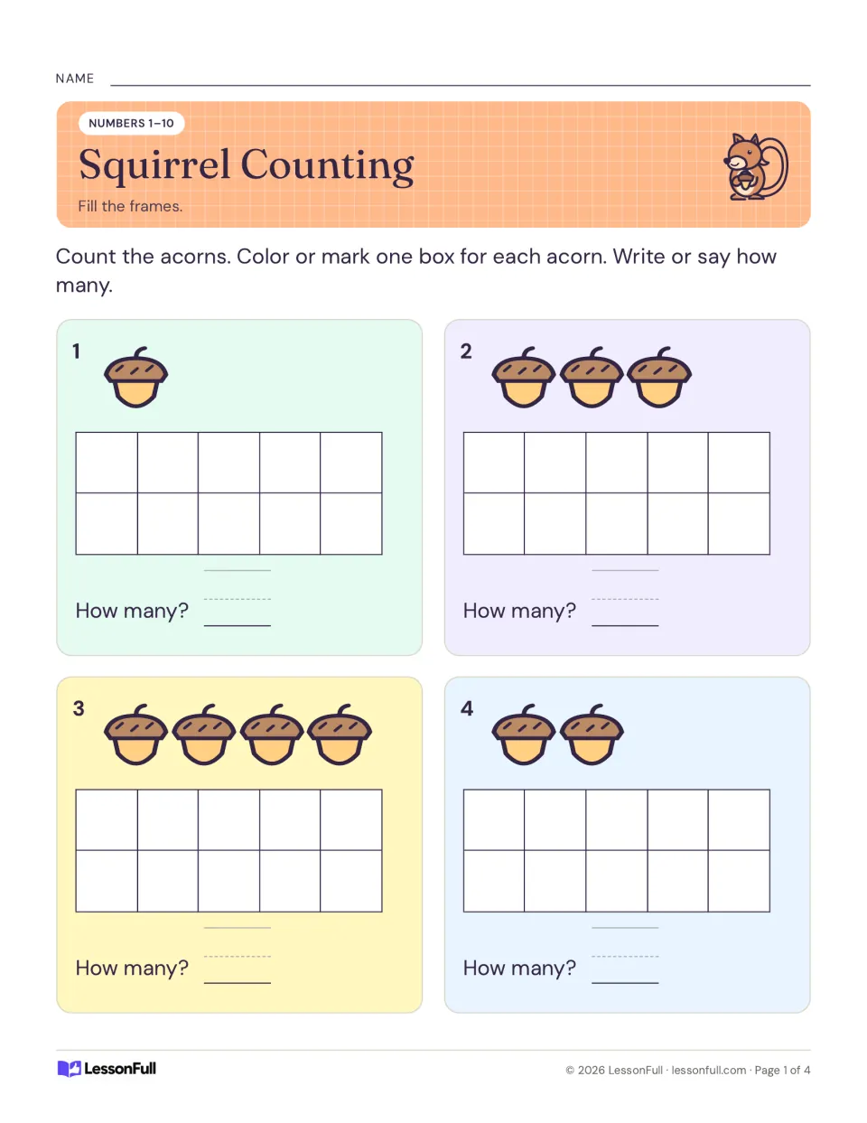 Counting practice items 1–4: count 1, 3, 4, and 2 acorns, mark each quantity, and say or write how many.