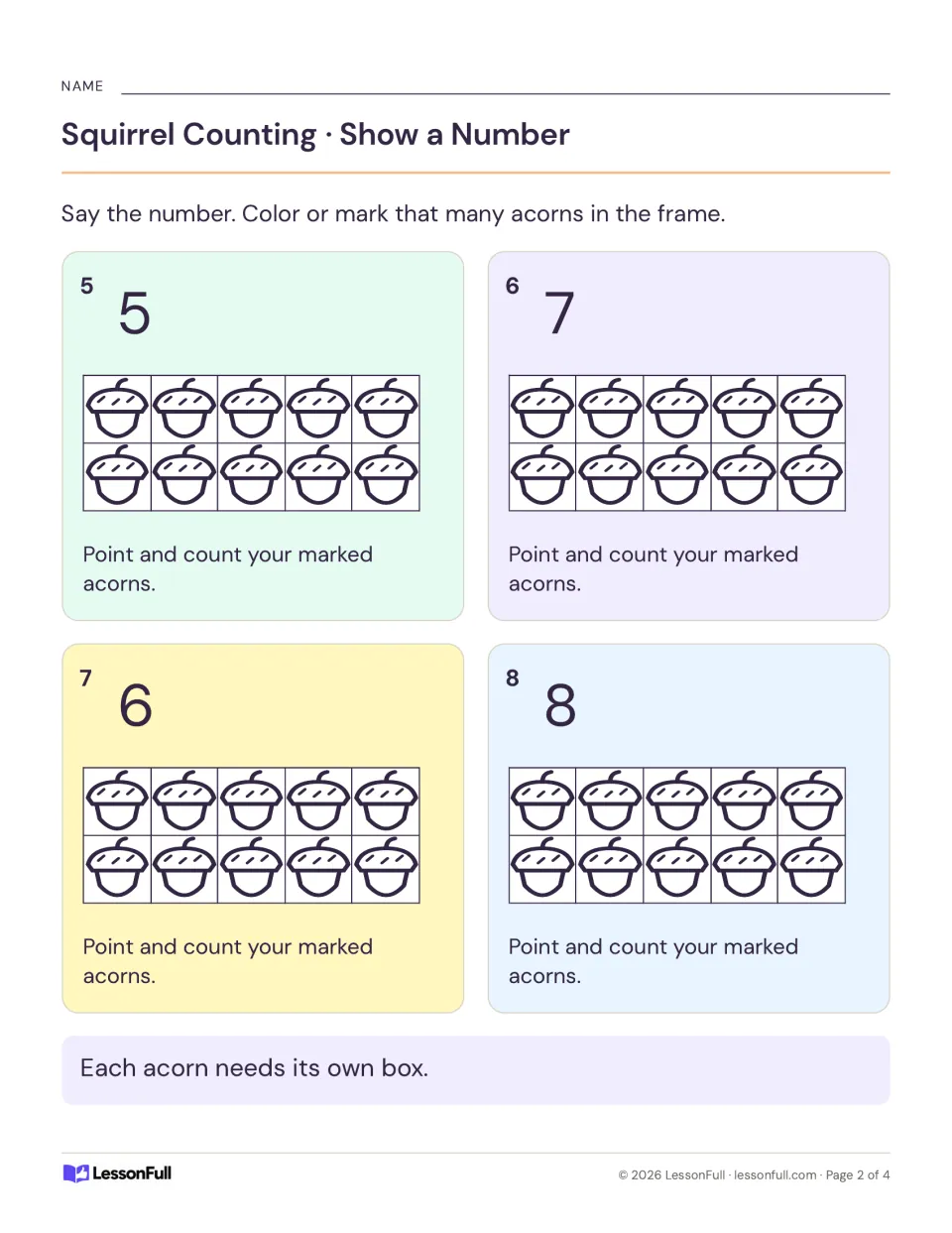 Number practice items 5–8: say 5, 7, 6, and 8, color or mark that many acorns, then count the marked acorns.