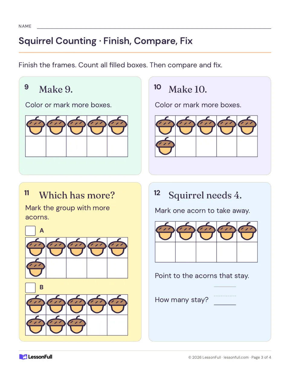 Counting practice items 9–12: make 9 and 10, compare groups of 6 and 8 acorns, and take one from 5 to leave 4.