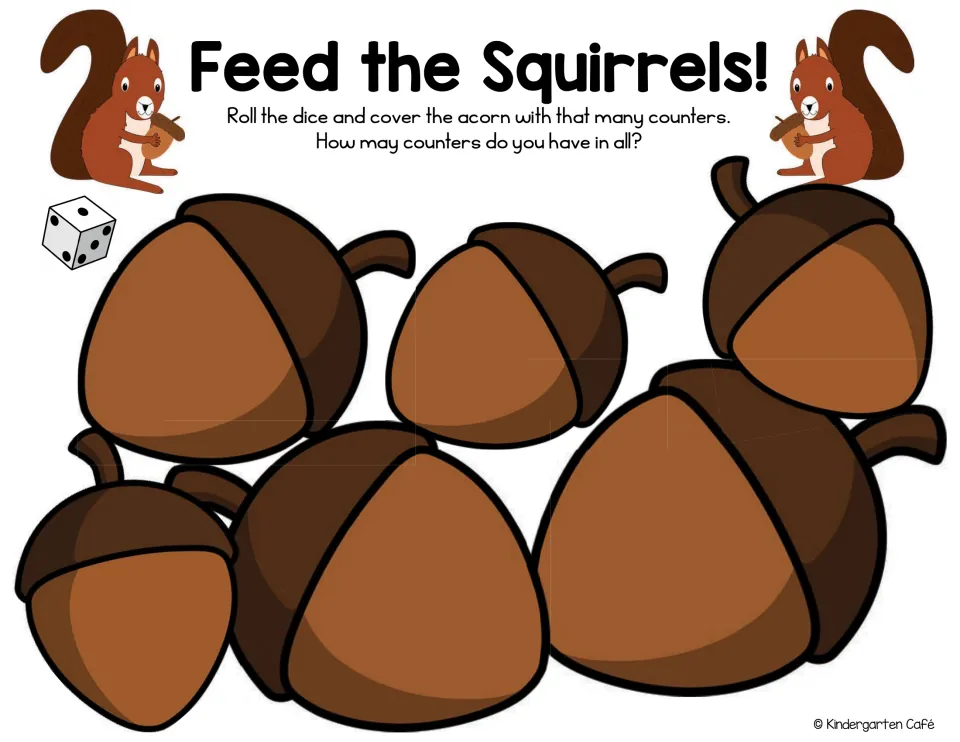 One-die counting mat: six acorns to cover with counters after each roll, then count how many counters in all.