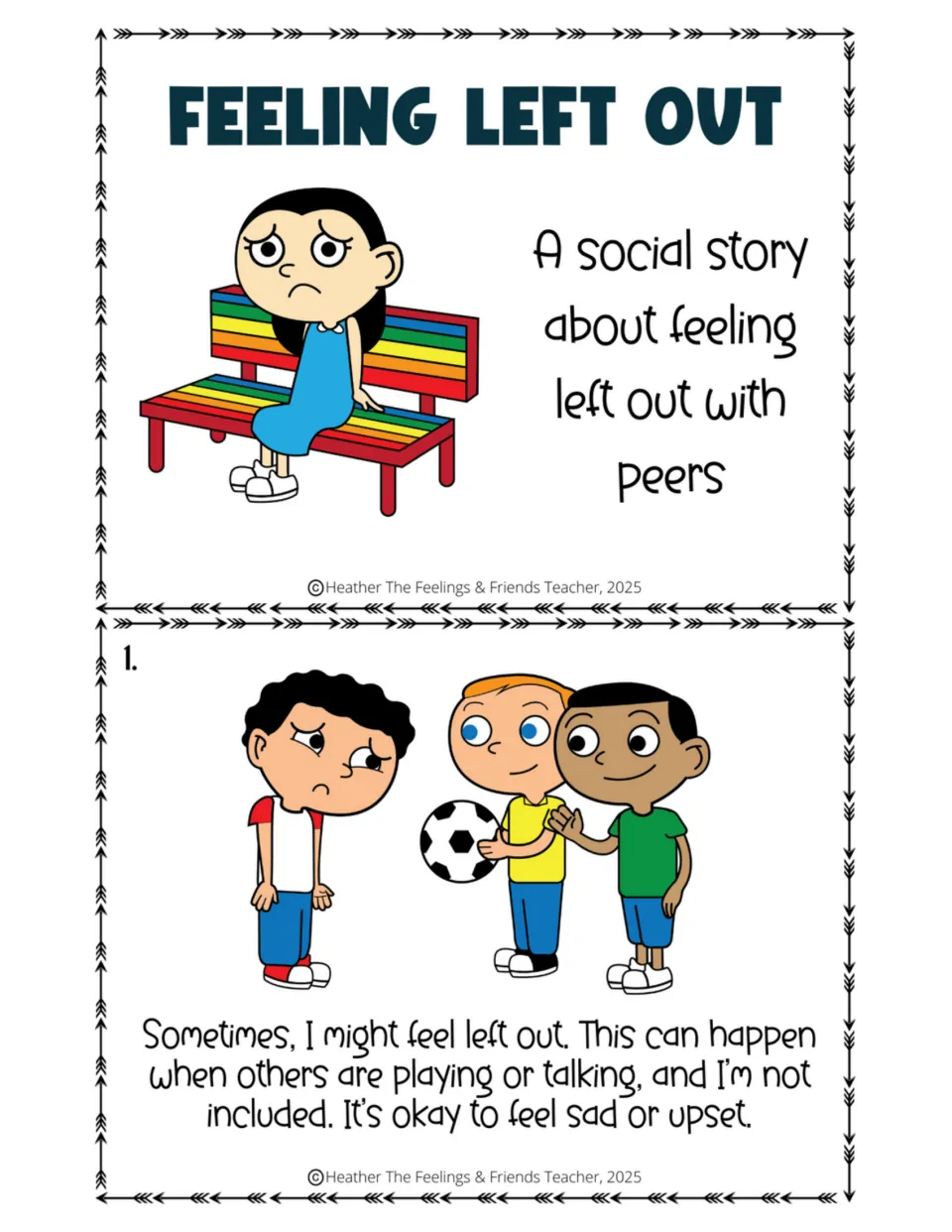 Half-size social story title card with a sad girl on a bench, then page 1: a boy watches two boys with a soccer ball