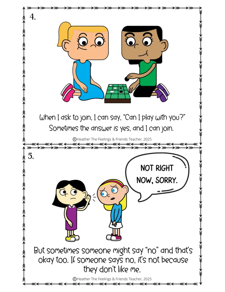 Half-size story pages 4 and 5: asking 'Can I play with you?' and hearing 'Not right now, sorry' without taking it personally