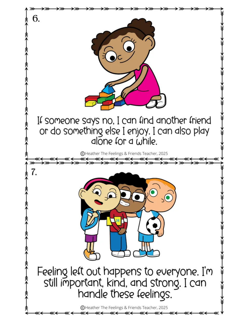 Half-size story pages 6 and 7: after a no, find another friend or play alone; feeling left out happens to everyone