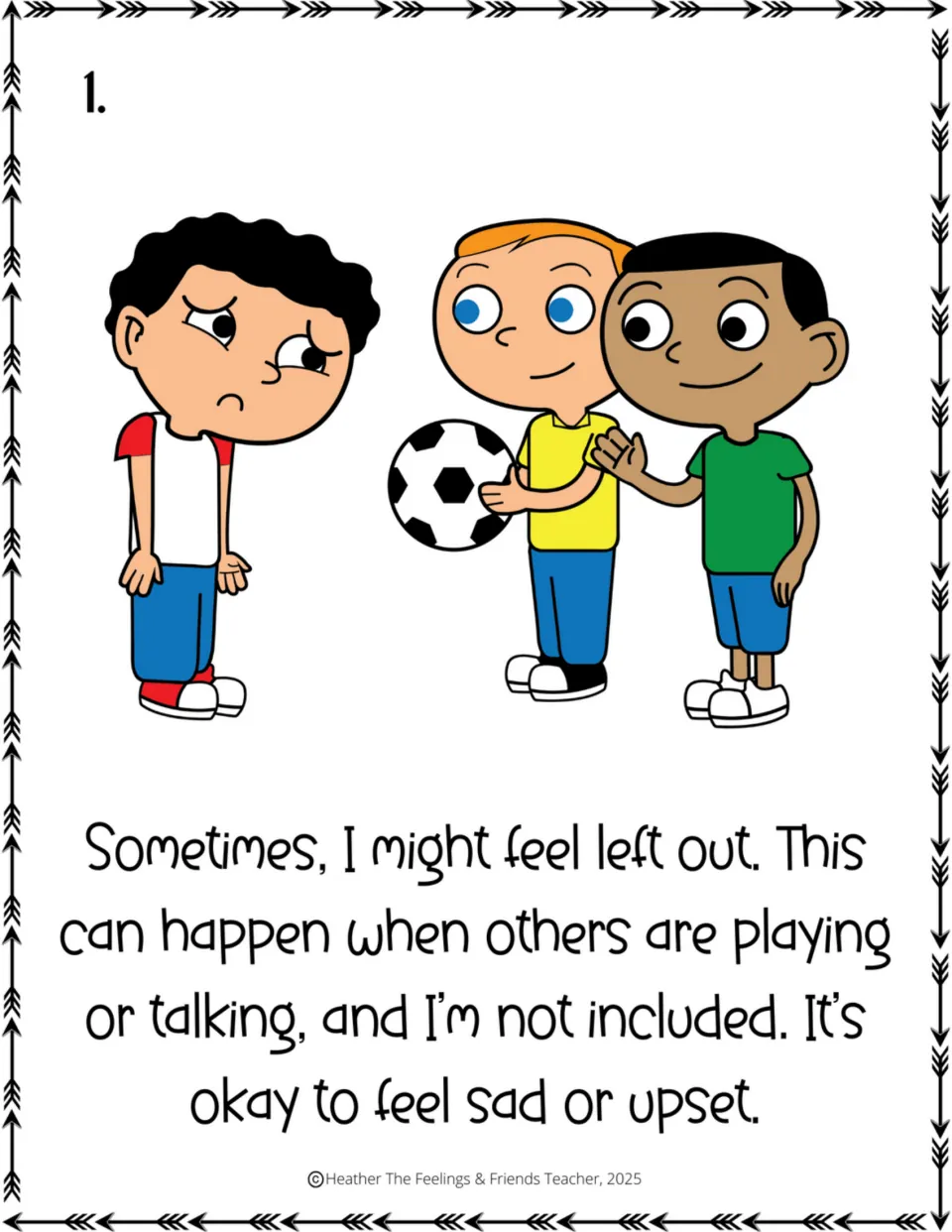 Full-size story page 1: a sad boy watches two friends with a soccer ball; it's okay to feel sad or upset when not included