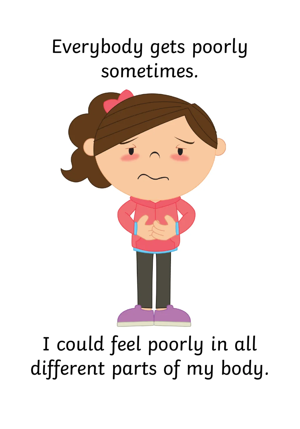 Being unwell: story page reading that everybody gets poorly sometimes and could feel it in different parts of the body