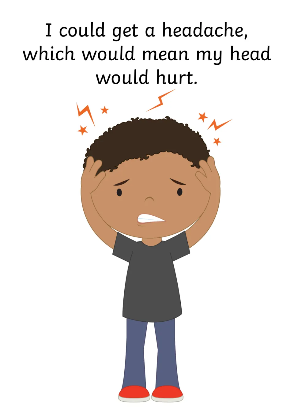 Headache: story page explaining a headache means my head would hurt, with a boy clutching his head beside pain symbols