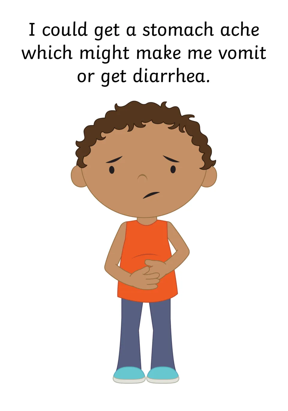 Stomach ache: story page saying a tummy ache might make me vomit or get diarrhea, with a boy in orange holding his belly