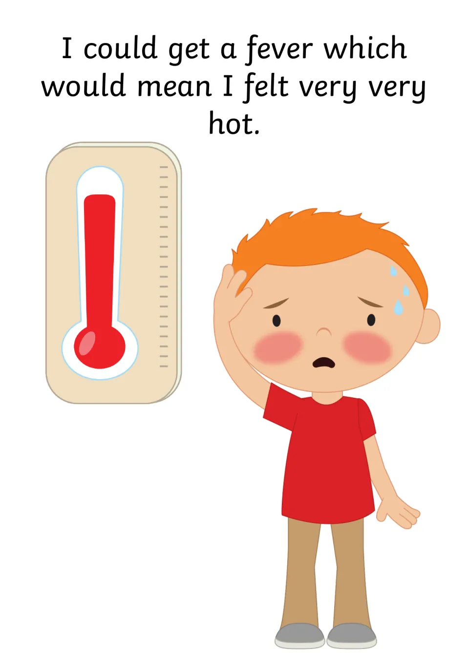 Fever: story page explaining a fever means feeling very very hot, with a red thermometer and a sweating boy