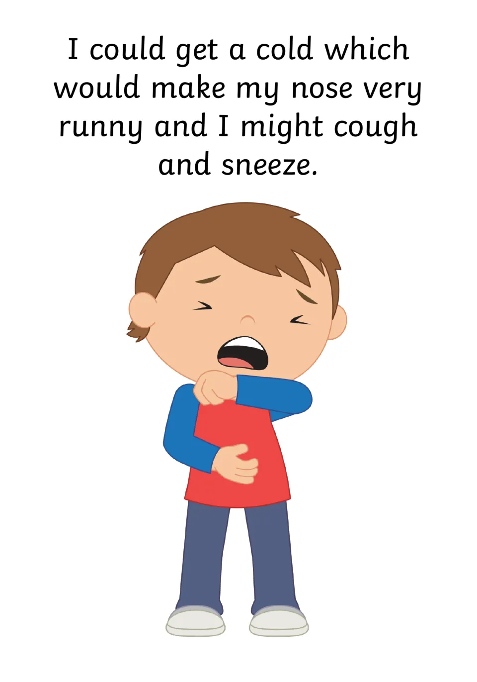 Cold symptoms: story page about a runny nose, coughing and sneezing, with a boy coughing into his elbow