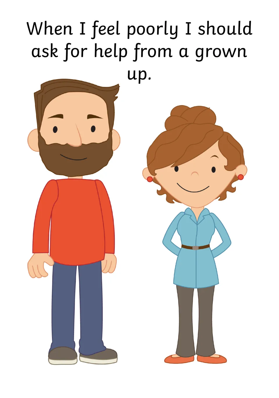 Asking for help: story page saying when I feel poorly I should ask a grown up for help, with a smiling man and woman