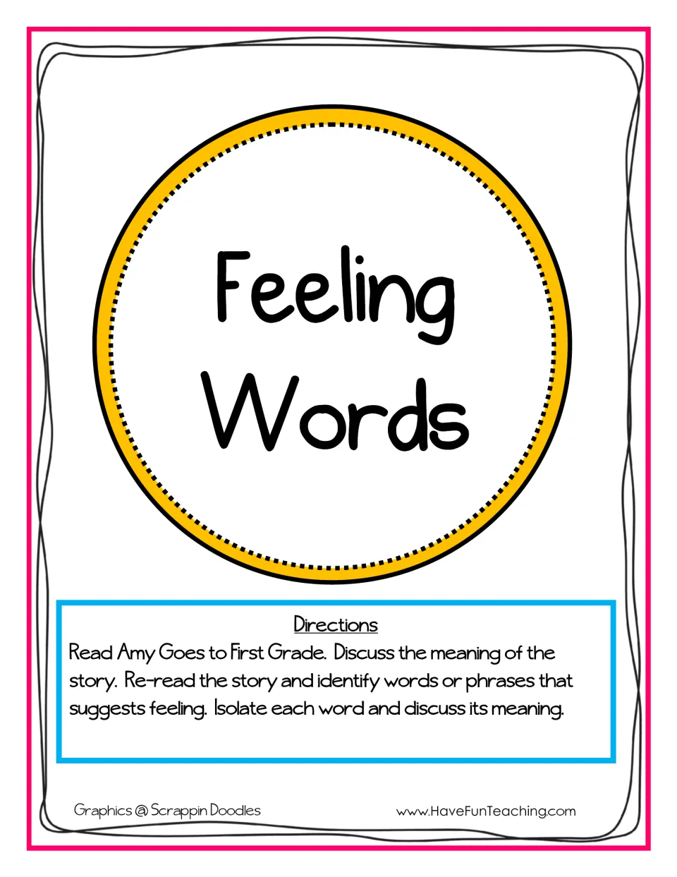 Feeling Words cover with directions: read Amy Goes to First Grade, then find and discuss words that suggest feeling