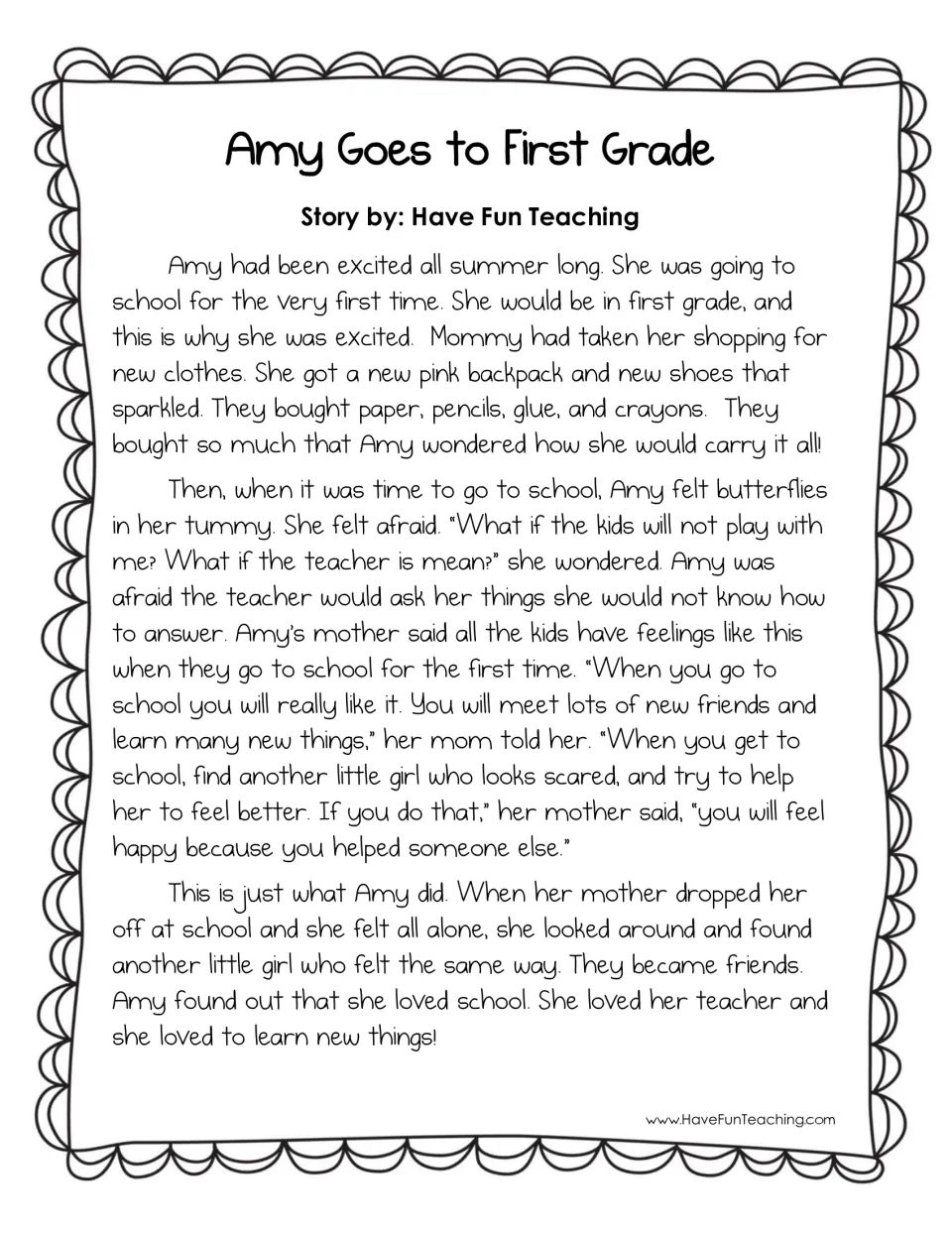 Story Amy Goes to First Grade: students read how Amy goes from excited to afraid to happy, spotting each feeling word