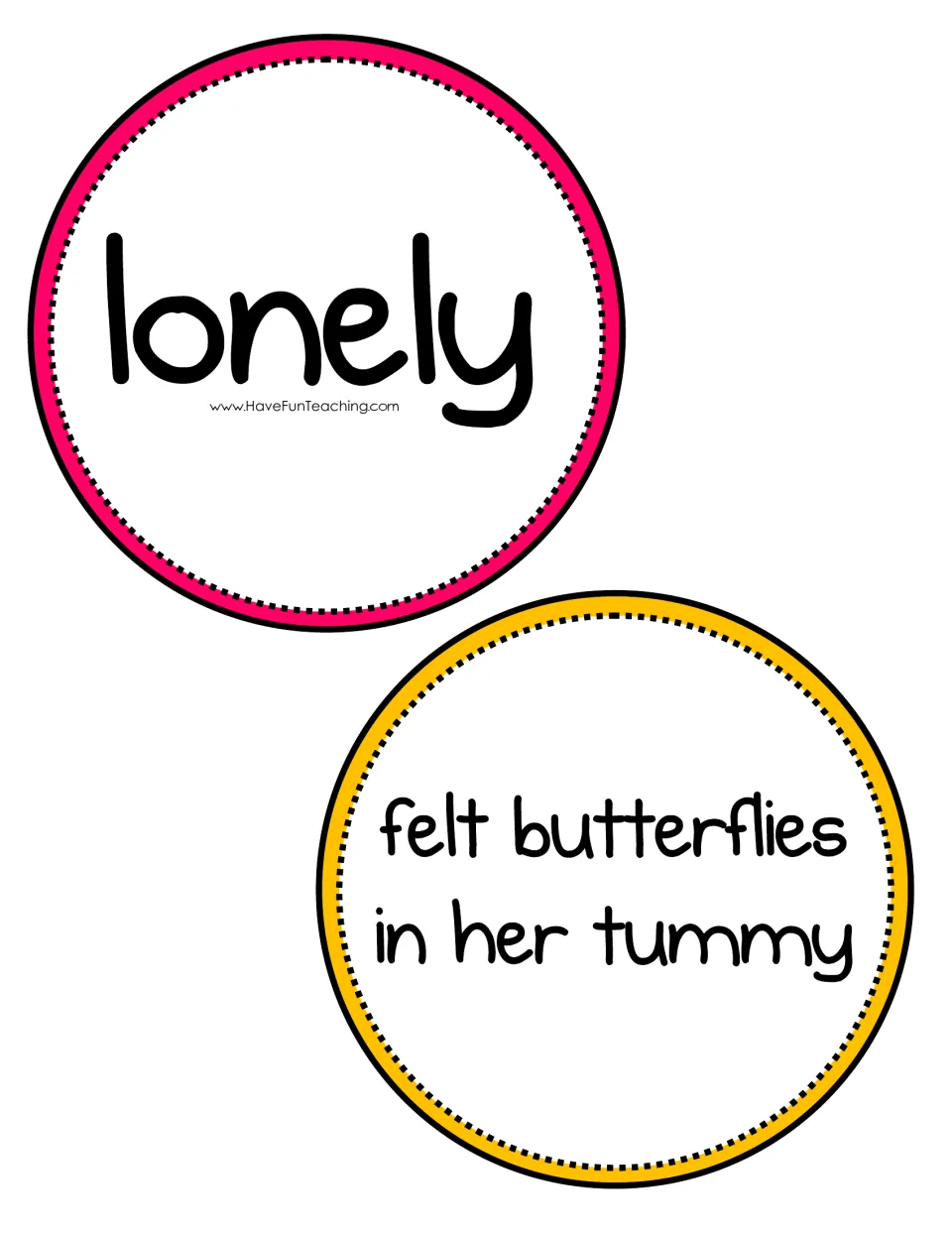 Feeling word cards from the story: "lonely" and the phrase "felt butterflies in her tummy" in large print