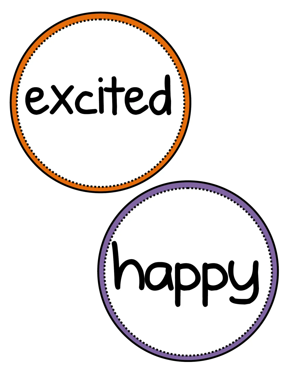 Feeling word cards for positive emotions: "excited" and "happy" matching how Amy feels at the start and end of the story