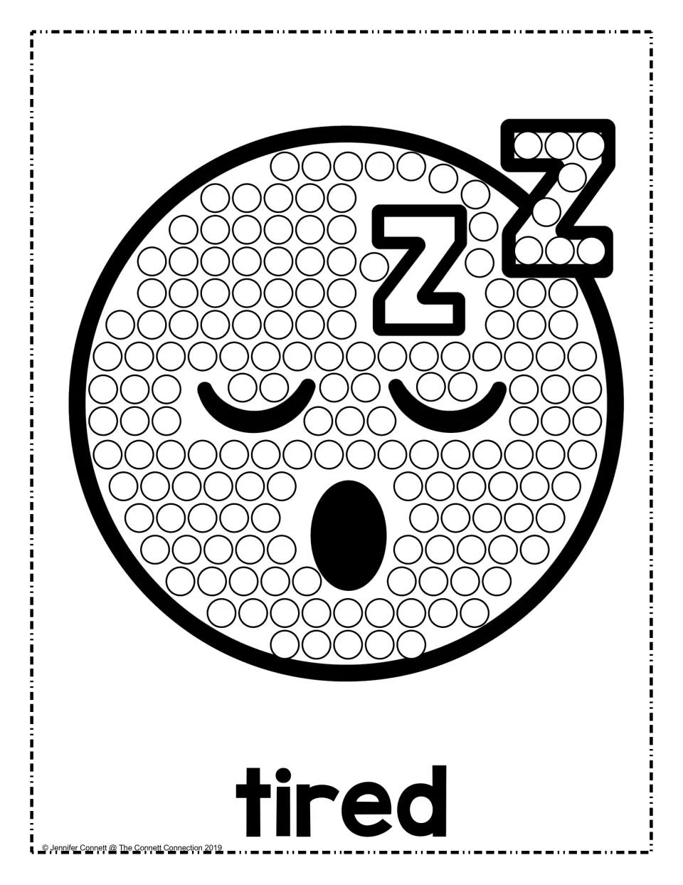 Tired emotion dot painting: students dab a paint dot in each circle on a yawning face with closed eyes and ZZ above it