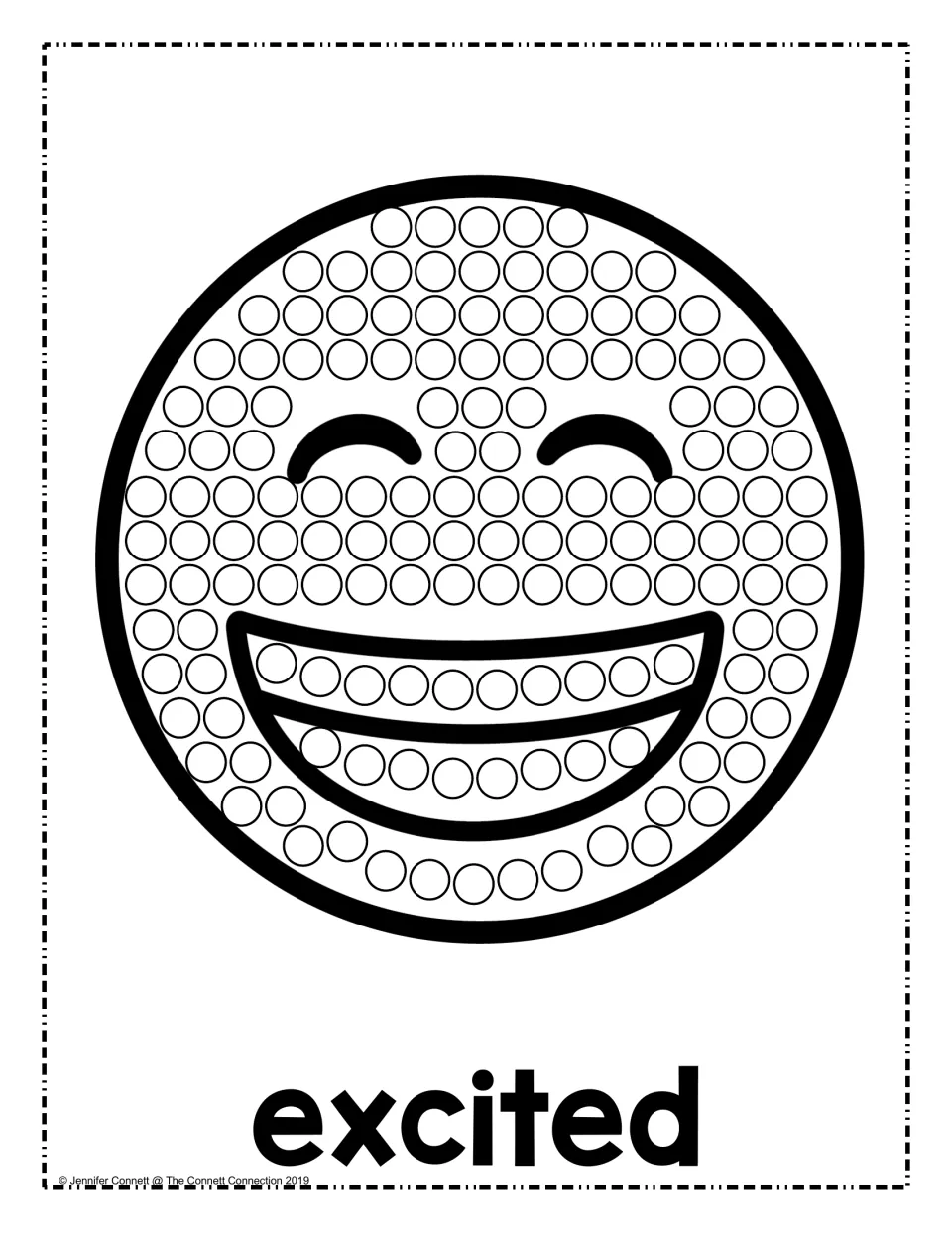 Excited emotion dot painting: students dab paint dots in circles on a face with squinting eyes and a wide, toothy grin