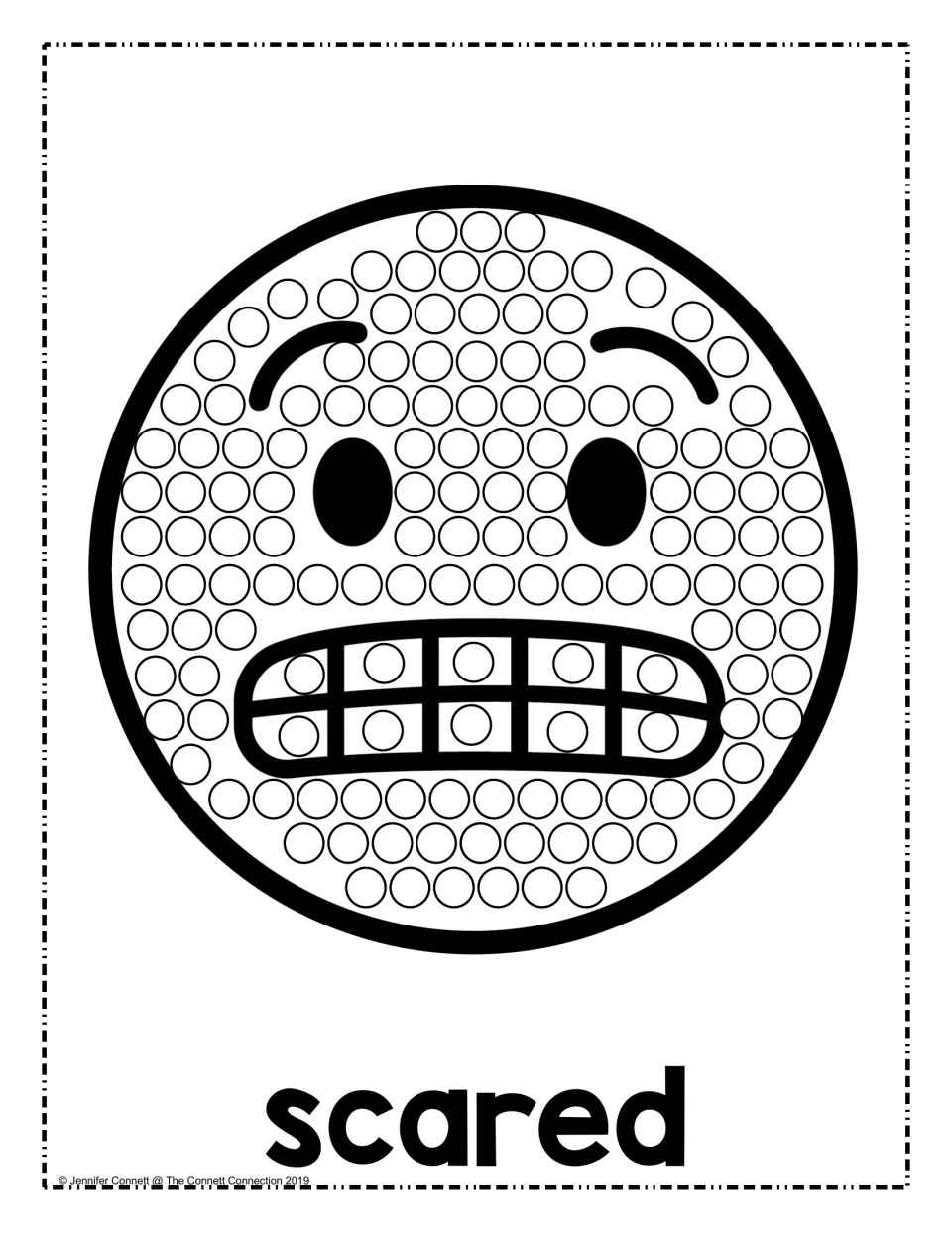 Scared emotion dot painting: students dab dots on a face with raised brows, wide eyes and a clenched-teeth grimace