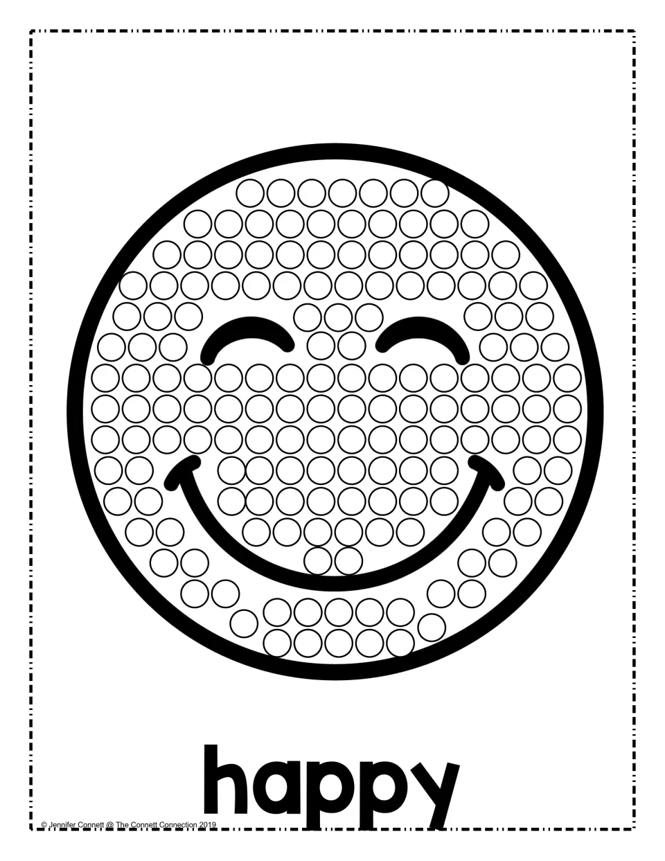 Happy emotion dot painting: students dab paint dots to fill a smiling face with curved, closed eyes and a big smile