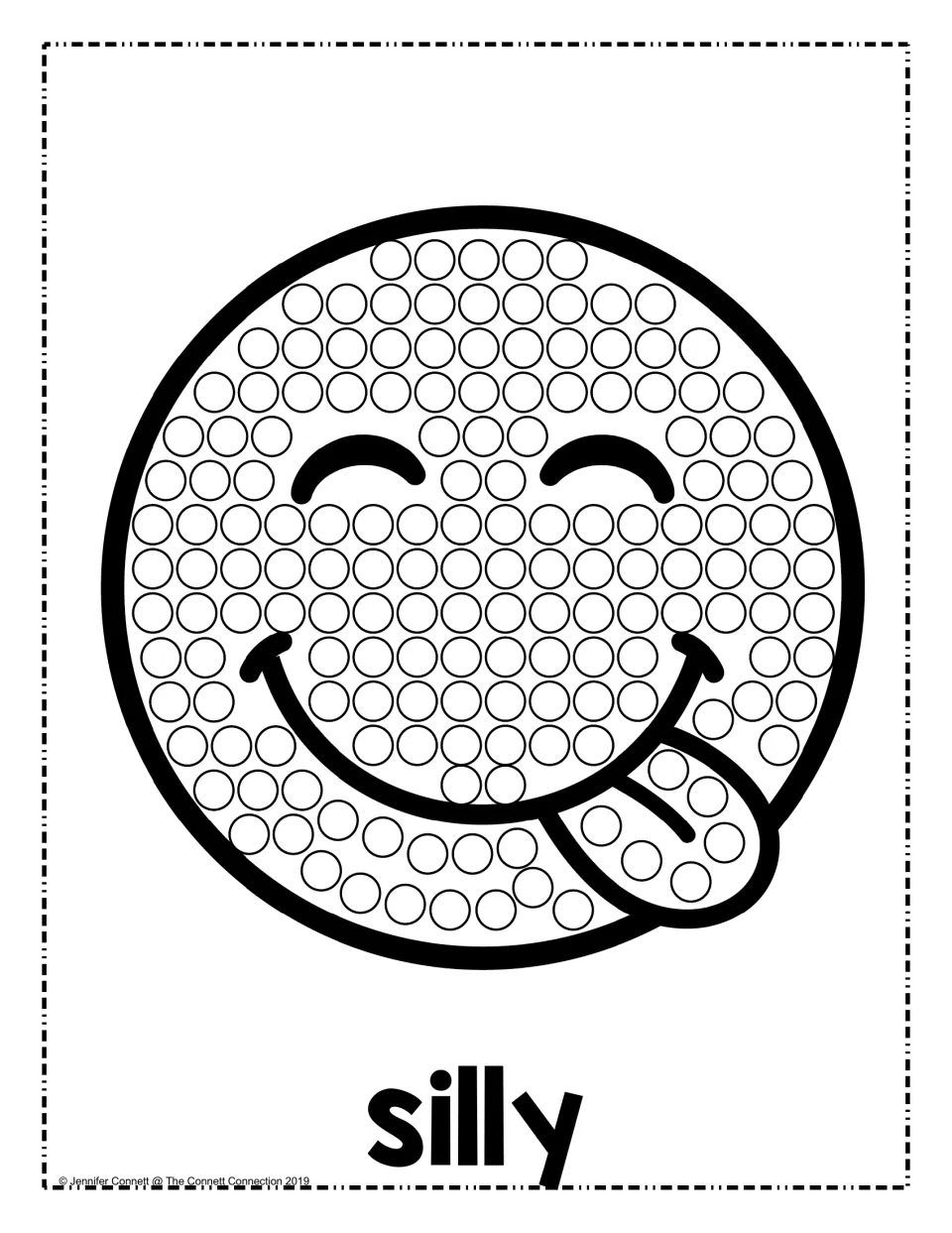 Silly emotion dot painting: students fill the circles with paint dots on a grinning face sticking out its tongue