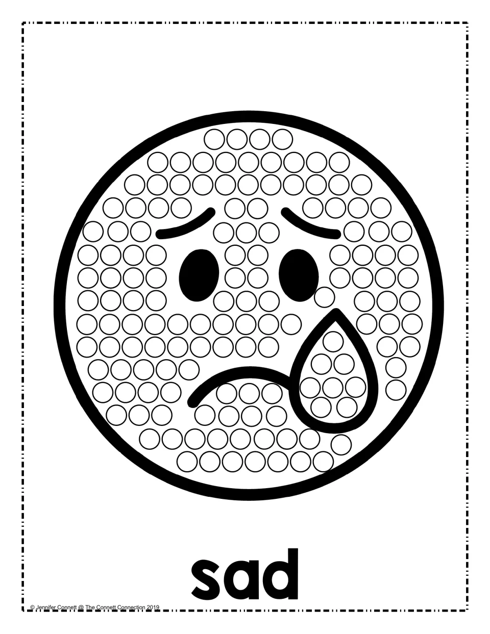 Sad emotion dot painting: students dab paint dots on a frowning face with worried brows and a teardrop on its cheek